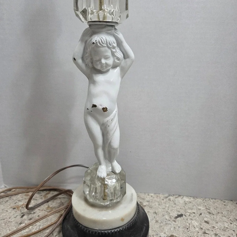 Vintage Cherub Lamp Marble Base Accent Table Lamp Boudoir Lighting 19